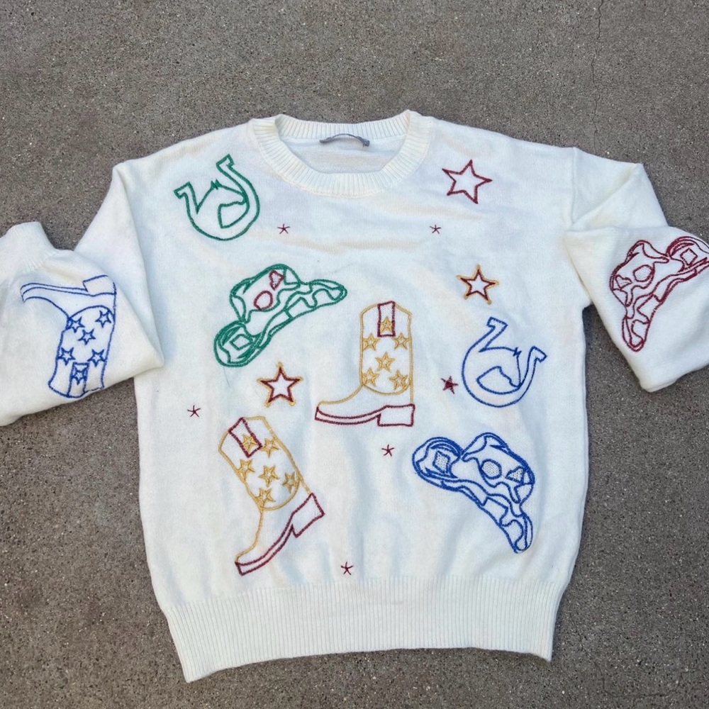 White Sweater with Colorful Embroidery